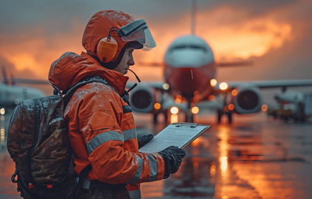 An employee of the ground crew inspecting an aircraft with a clipboardの素材
