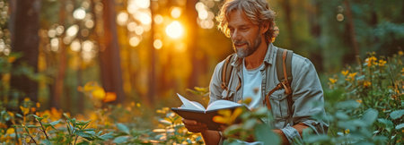 In the woodland, a young, attractive man is lounging while using a digital tablet.の素材