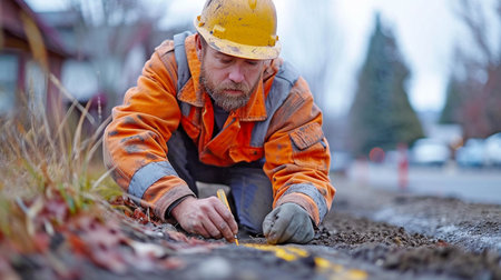 On a building site, a worker is marking the roadway.の素材