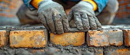close-up of hands of a builder installing a house's wall.の素材