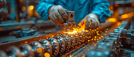 Industrial worker with skill grinding a metal component.の素材