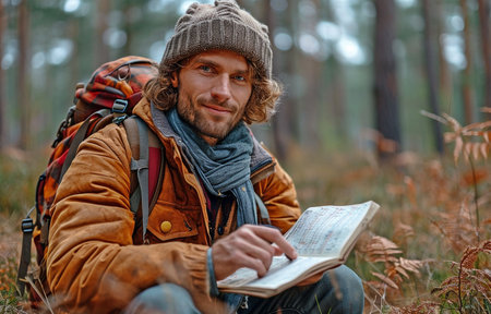 In the woodland, a young, attractive man is lounging while using a digital tablet.の素材
