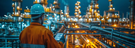 At night, engineers utilize digital tablets to get knowledge in petroleum industrial factories.の素材