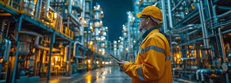 At night, engineers utilize digital tablets to get knowledge in petroleum industrial factories.の素材