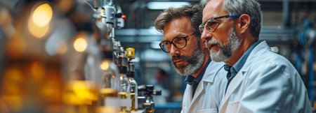 Two engineers conversing at a contemporary industry. the production line apparatus and putting it to use.の素材