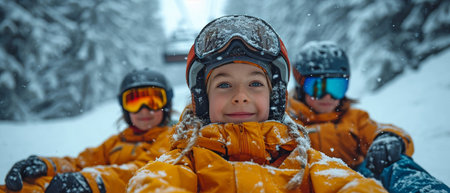 A contented family in a ski resort.の素材