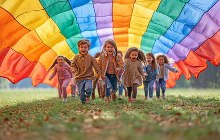 Playing on the green grass with a rainbow playground parachute is a group of kids and a teacher. Activities at Summer Campの素材