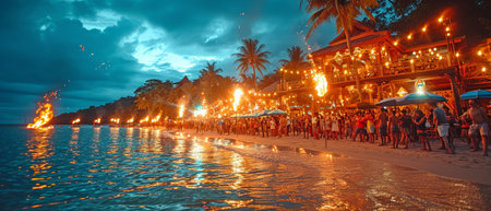 The crowd participates in the flame skipping rope act at the Full Moon Party in Suratthani, Thailand, on Phangan Island.の素材