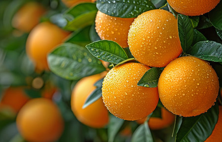 A tree in the orange garden bears ripe oranges.の素材