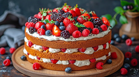 cake flavored with cream and fruits.の素材