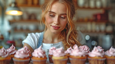 Woman at kitchen counter frosting cupcakes.の素材