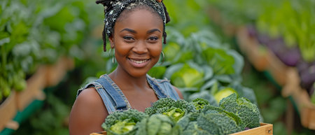 This is a picture of a committed Black lady in an outside farm, holding a crate full of fresh cabbage.の素材