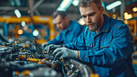 Along with his colleague, an auto technician works on automobile diagnostics on a laptop.の素材