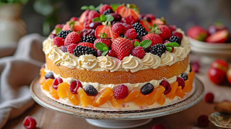 cake flavored with cream and fruits.の素材