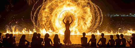 The crowd participates in the flame skipping rope act at the Full Moon Party in Suratthani, Thailand, on Phangan Island.の素材