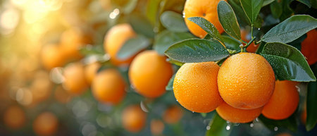 A tree in the orange garden bears ripe oranges.の素材