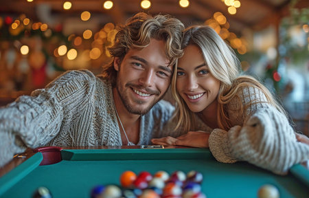 A couple having a game of pool.の素材