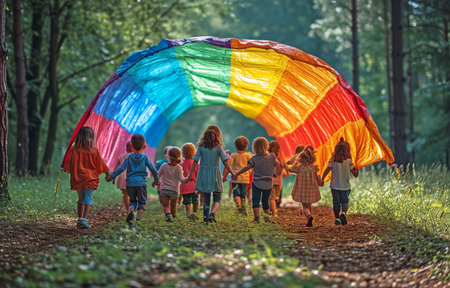 Playing on the green grass with a rainbow playground parachute is a group of kids and a teacher. Activities at Summer Campの素材