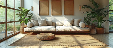Low angle view of a clean, modern living room with well-arranged furniture that is roomy and cheerful.の素材