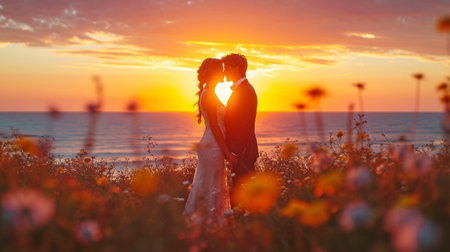 Gorgeous Bride and Groom during an Outdoor Wedding Ceremony at Dusk on an Ocean Beachの素材