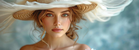 A stylish woman wearing a white wedding dress on a gray backdrop. Elegant Bride wearing a white summer hat and a mermaid gown.の素材