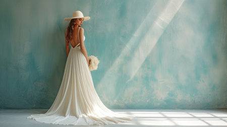 A stylish woman wearing a white wedding dress on a gray backdrop. Elegant Bride wearing a white summer hat and a mermaid gown.の素材