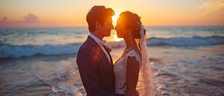 Gorgeous Bride and Groom during an Outdoor Wedding Ceremony at Dusk on an Ocean Beachの素材