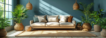 Low angle view of a clean, modern living room with well-arranged furniture that is roomy and cheerful.の素材