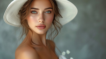 A stylish woman wearing a white wedding dress on a gray backdrop. Elegant Bride wearing a white summer hat and a mermaid gown.の素材