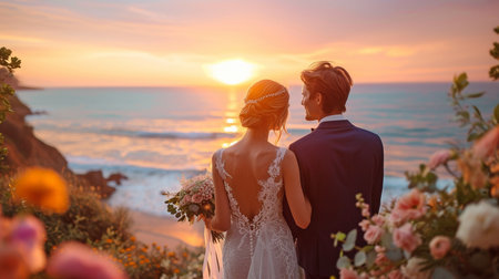 Gorgeous Bride and Groom during an Outdoor Wedding Ceremony at Dusk on an Ocean Beachの素材