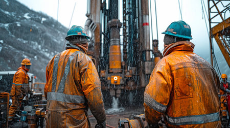 Drilling Team. Workers on a Drilling Site Using Equipmentの素材
