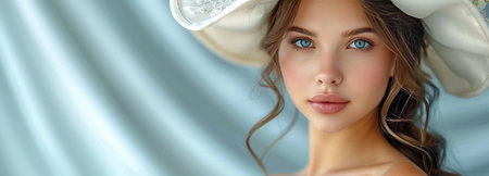 A stylish woman wearing a white wedding dress on a gray backdrop. Elegant Bride wearing a white summer hat and a mermaid gown.の素材