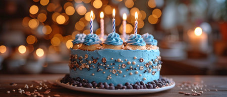 close-up of a handcrafted birthday cake illuminated by bokeh lights and candles.の素材