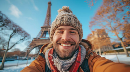 In front of the Eiffel Tower in Paris, France, a content man is taking a selfie.の素材