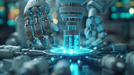 Future robotic arms will operate medical equipment in an automated manner, including precision surgery, and they will remotely operate hospital equipment, such as broad banner designs with information holograms.の素材