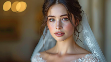 A stunning bride dressed in a white bridal gown is getting ready for the nuptials.の素材