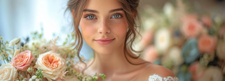 A stunning bride dressed in a white bridal gown is getting ready for the nuptials.の素材