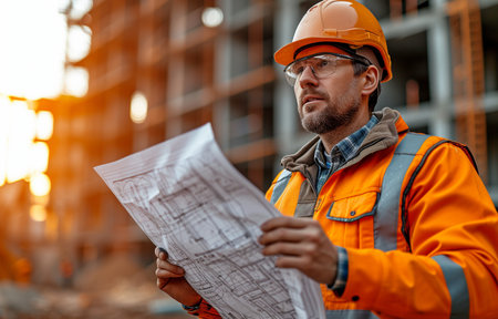 Using blueprints, an astute civil architect engineer inspects and works at an outside structure building site. notion of engineering and architecture.の素材