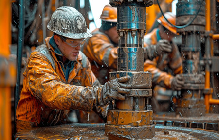 Drilling Team. Workers on a Drilling Site Using Equipmentの素材