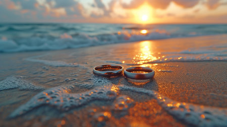marriage rings in the beach. A sunset along the water.の素材