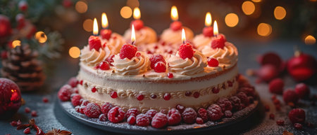 close-up of a handcrafted birthday cake illuminated by bokeh lights and candles.の素材