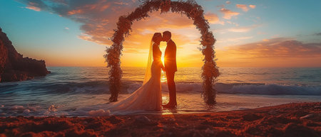 Gorgeous Bride and Groom during an Outdoor Wedding Ceremony at Dusk on an Ocean Beachの素材