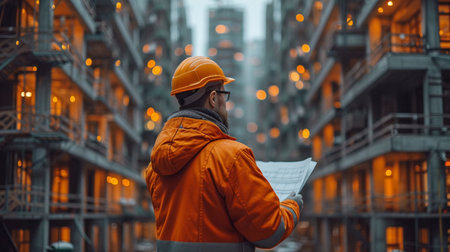 Using blueprints, an astute civil architect engineer inspects and works at an outside structure building site. notion of engineering and architecture.の素材