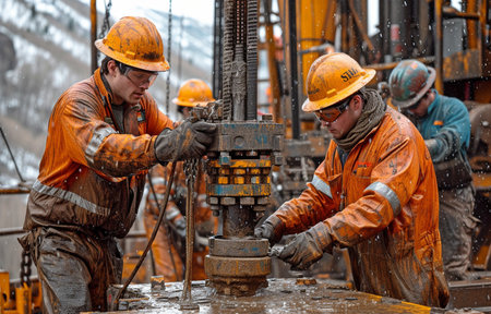 Drilling Team. Workers on a Drilling Site Using Equipmentの素材