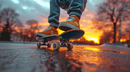 Extreme sport lifestyle concept: skater performing a kickflip on a ramp at a skate park; stylish skaterboy exercising outdoors.の素材