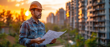 Using blueprints, an astute civil architect engineer inspects and works at an outside structure building site. notion of engineering and architecture.の素材