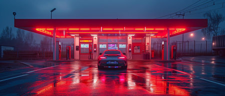 neon light at the gas station for carsの素材
