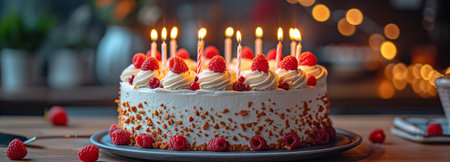 close-up of a handcrafted birthday cake illuminated by bokeh lights and candles.の素材