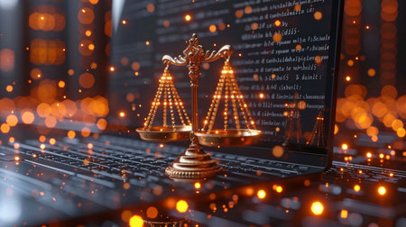laptop with a wide banner legal law scale information and rules for corporate trade license registration, court governance compliance, and company and corporate trade license registrationの素材