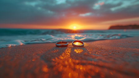 marriage rings in the beach. A sunset along the water.の素材